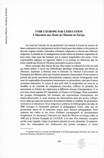 Unir l΄ Europe par l' éducation. L' education aux Droits de l΄Ηomme en Europe