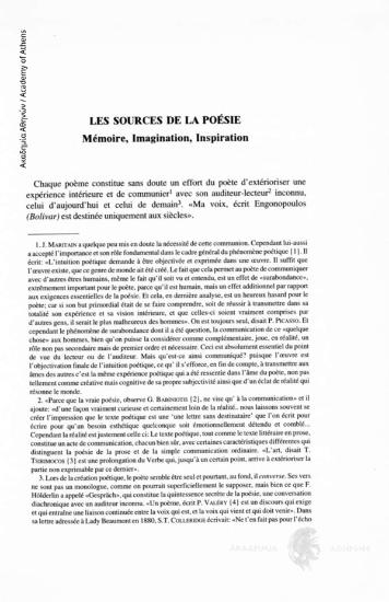 Les sources de la poésie. Mémoire, Imagination, Inspiration.