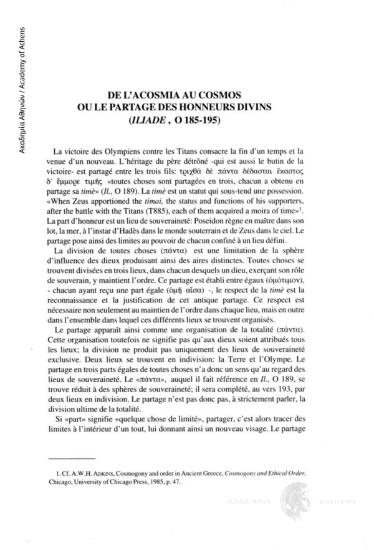 De l' acosmia au cosmos ou le partage des honneurs divins (Iliade, O 185 - 195)