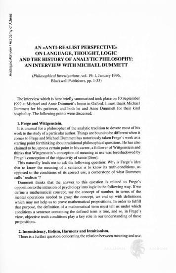 An «anti-realist perspective» on language, thought, logic and the history of Analytic Philosophy: An interview with Michael Dummett