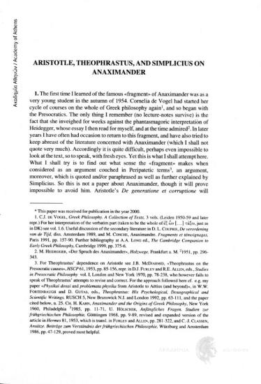 Aristotle, Theophrastus, and Simplicius on Anaximander