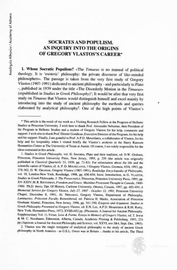Socrates and Populism. An Inquiry into the Origins of Gregory Vlastos' s Career