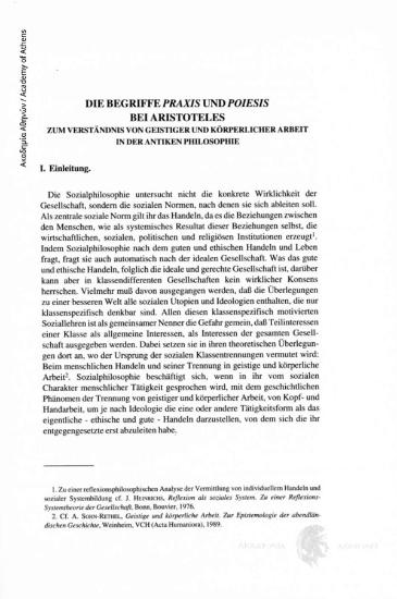 Die Begriffe Praxis und Poiesis bei Aristoteles. Zum Verständnis von Geistiger und Körperlicher Arbeit in der Antiken Philosophie