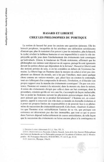 Hasard et Liberté chez les philosophes du Portique