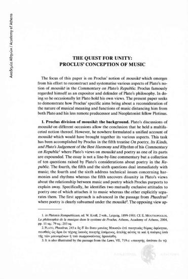 The Quest for Unity: Proclus' Conception of Music
