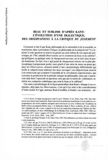 Beau et sublime d' après Kant: l' evolution d' une dialectique des Observations à la Critique du Jugement