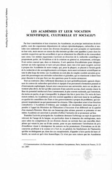 Les Académies et leur vocation scientifique culturelle et sociale