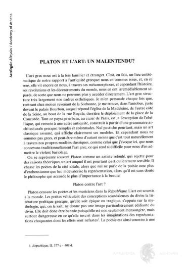 Platon et l' art: un malentendu?