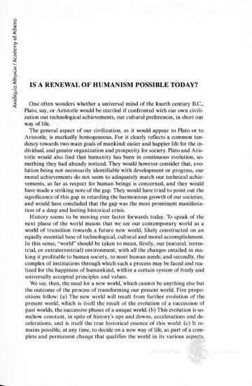 Is a Renewal of Humanism Possible Today?