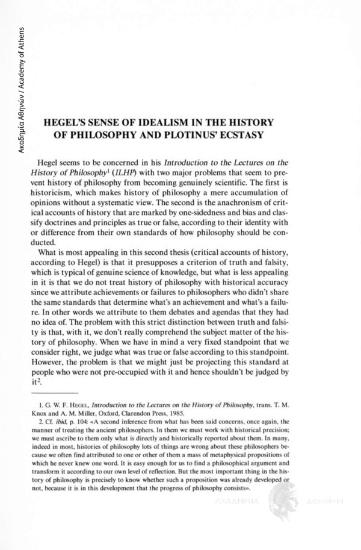 Hegel' s Sense of Idealism in the History of Philosophy and Plotinus' Ecstasy