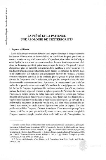 La piété et la patience: une apologie de l' extériorité