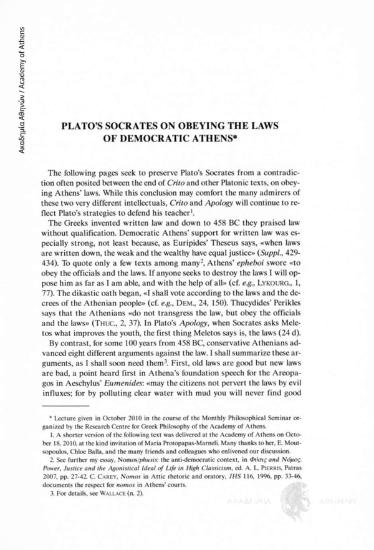 Plato's Socrates on Obeying the Laws of Democratic Athens