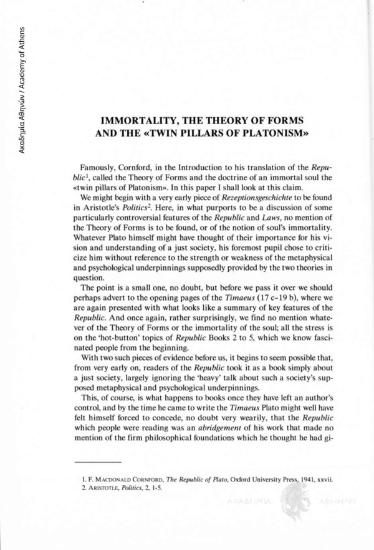 Immortality, the Theory of Forms and the «Twin Pillars of Platonism»