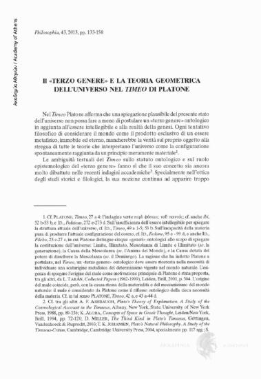 Il «terzo genere» e la teoria geometrica dell' universo nel Timeo di Platone
