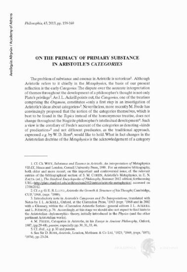 On the Primacy of Primary Substance in Aristotle' s Categories