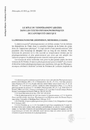 Le rôle du tempérament (krâsis) dans les textes physiognomoniques de l' antiquité grecque
