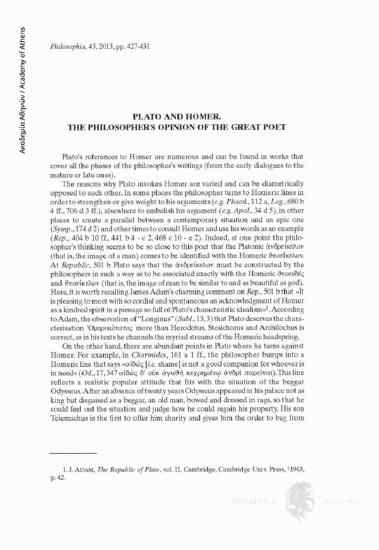 Plato and Homer. The philosopher's Opinion of the great poet
