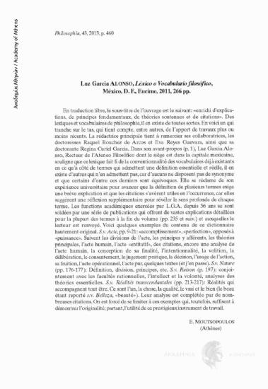 Luz Garcia ALONSO, Léxico o Vocabulario filosόfico, Mexico, D.F., Eucime, 2011, 266 pp.