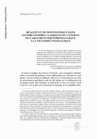 Réalité ou fiction politique dans les philosophies classiques du contrat: De l' argument phénoménologique à la nécessité ontologique