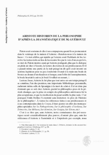 Aristote historien de la philosophie d'apres la dianoématique de M. Guéroult