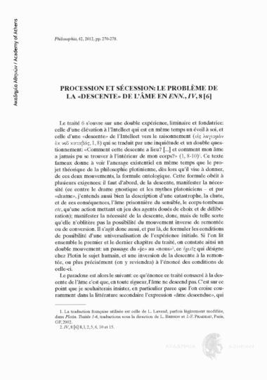 Procession et sécession: le problème de la «descente» de l' âme en Enn., IV, 8 [6]