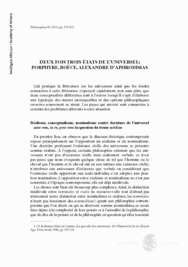 Deux fois trois états de l' universel: Porphyre, Boèce, Alexandre d' Afrodisias