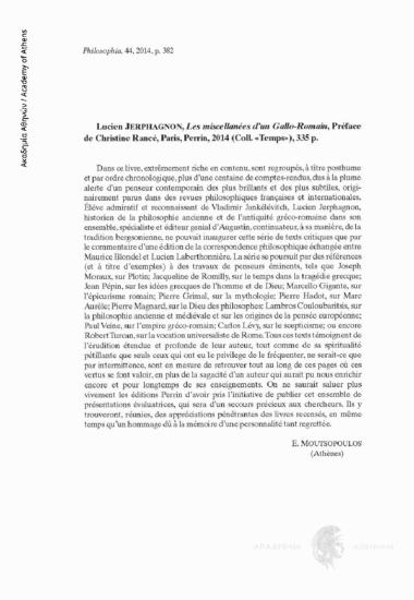 Lucien JERPHAGNON, Les miscellanées d' un Gallo-Romain, Préface de Christine Rancé, Paris,Perrin, 2014 (Coll. «Temps»), 335 p.