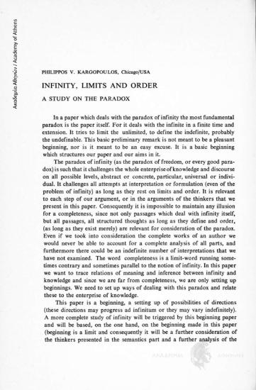 Infinity, Limits and Order. A Study on the Paradox
