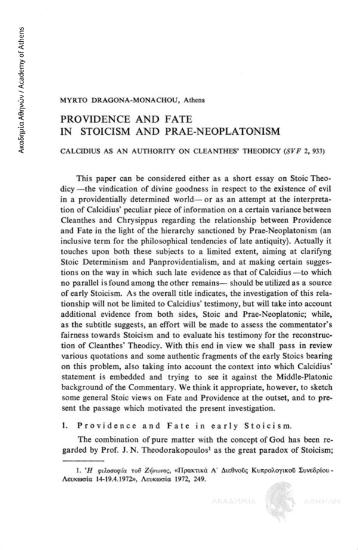 Providence and Fate in Stoicism and Prae-Neoplatonism. Calcidius as an Authority on Cleanthes' Theodicy (SVF 2, 933)