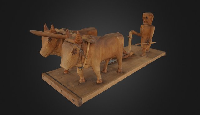 Αναπαράσταση άροσης. Απεικονίζονται δύο αροτήρες βόες στο ζυγό και ξύλινο άροτρο που οδηγεί αγρότης