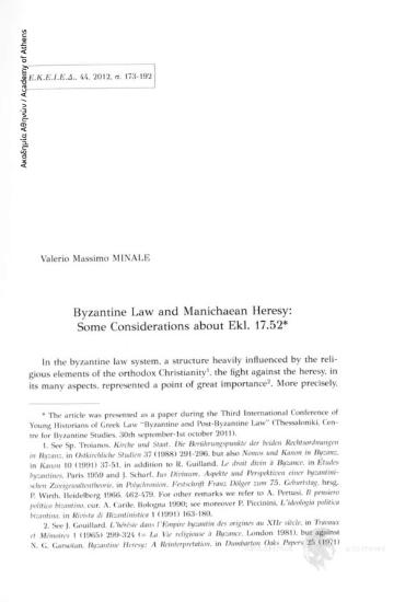 Byzantine Law and Manichaean Heresy: Some Considerations about Ekl. 17.52