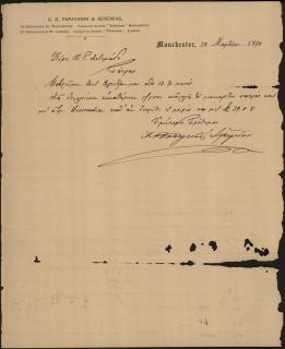 Επιστολή του Κ.Γ. Παπαγιάννη & Ιερεμία προς τον Κωνσταντίνο Σωτηριάδη, στην οποία του αναφέρουν ότι εσωκλείουν εκκαθάριση σταφιδόκαρπου, που είχε στείλει ο μακαρίτης ο πατέρας του Γεώργιος Σωτηριάδης με το ατμόπλοιο Diomedia.