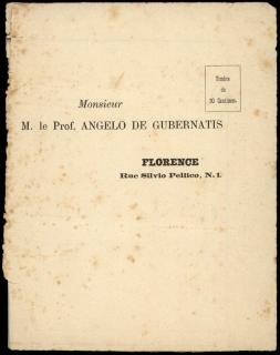 Φάκελος επιστολής του καθηγητή Angelo De Gubernatis προς τον Ηλία Ζερβό Ιακωβάτο