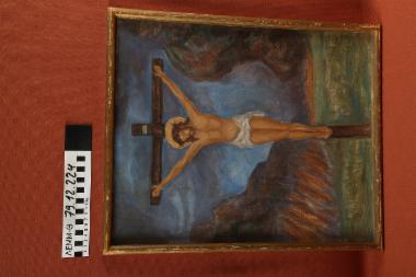 Πίνακας - πίνακας ζωγραφικής με τον Ιησού Εσταυρωμένο, με υπογραφή της Αθηνάς Ταρσούλη. Σε ξύλινη κορνίζα
