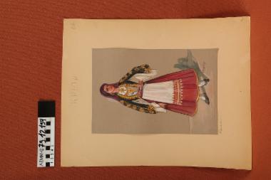Σχέδιο - σχέδιο χειροποίητο με υδροχρώματα σε χαρτόνι. Απεικονίζει γυναίκα με παραδοσιακή φορεσιά των Σφακιών Κρήτης