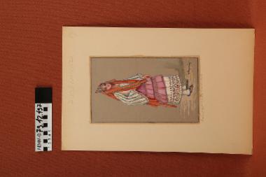 Σχέδιο - σχέδιο χειροποίητο με υδροχρώματα σε χαρτόνι. Απεικονίζει γυναίκα με παραδοσιακή φορεσιά της Αστυπάλαιας