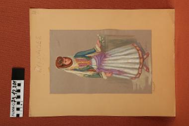 Σχέδιο - σχέδιο χειροποίητο με υδροχρώματα σε χαρτόνι. Απεικονίζει γυναίκα με παραδοσιακή φορεσιά της Αμοργού