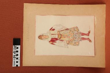 Σχέδιο - σχέδιο χειροποίητο με υδροχρώματα, μολύβι και κηρομπογιά σε χαρτόνι. Απεικονίζει γυναίκα με παραδοσιακή φορεσιά της Κύθνου