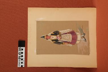 Σχέδιο - σχέδιο χειροποίητο με υδροχρώματα σε χαρτόνι. Απεικονίζει γυναίκα με παραδοσιακή φορεσιά της Μυκόνου