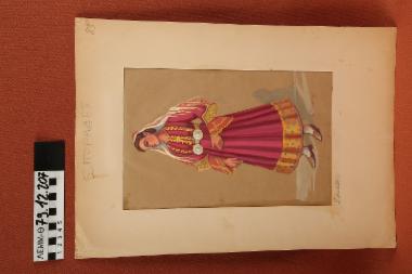 Σχέδιο - σχέδιο χειροποίητο με υδροχρώματα σε χαρτόνι. Απεικονίζει γυναίκα με παραδοσιακή φορεσιά της Σκιάθου