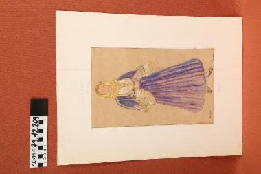 Σχέδιο - σχέδιο χειροποίητο με υδροχρώματα σε χαρτόνι. Απεικονίζει γυναίκα με παραδοσιακή φορεσιά της Κύμης Εύβοιας