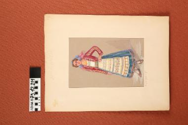 Σχέδιο - σχέδιο χειροποίητο με υδροχρώματα σε χαρτόνι. Απεικονίζει γυναίκα με παραδοσιακή φορεσιά της Κέρκυρας