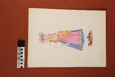 Σχέδιο - σχέδιο χειροποίητο με υδροχρώματα σε χαρτόνι. Απεικονίζει γυναίκα με παραδοσιακή φορεσιά της Λεύκης Κέρκυρας