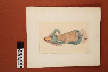 Σχέδιο - σχέδιο χειροποίητο με υδροχρώματα σε χαρτόνι. Απεικονίζει γυναίκα με παραδοσιακή φορεσιά της Λευκάδας Επτανήσων