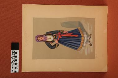 Σχέδιο - σχέδιο χειροποίητο με υδροχρώματα σε χαρτόνι. Απεικονίζει γυναίκα με παραδοσιακή φορεσιά Ψαρών Βορείου Αιγαίου