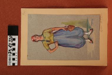 Σχέδιο - σχέδιο χειροποίητο με υδροχρώματα σε χαρτόνι. Απεικονίζει γυναίκα με παραδοσιακή φορεσιά Αγιάσου Λέσβου