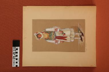 Σχέδιο - σχέδιο χειροποίητο με υδροχρώματα σε χαρτόνι. Απεικονίζει γυναίκα με παραδοσιακή φορεσιά Πυργίου Χίου