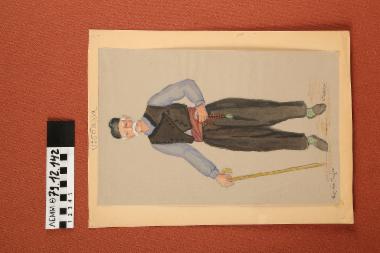 Σχέδιο - σχέδιο χειροποίητο με υδροχρώματα σε χαρτόνι. Απεικονίζει άνδρα με παραδοσιακή φορεσιά Πηλίου Θεσσαλίας