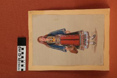 Σχέδιο - σχέδιο χειροποίητο με υδροχρώματα σε χαρτόνι. Απεικονίζει γυναίκα με παραδοσιακή φορεσιά από το Καβακλί Ανατολικής Ρωμυλίας