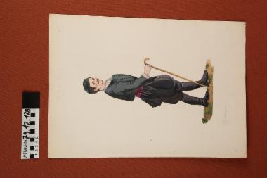 Σχέδιο - σχέδιο χειροποίητο με υδροχρώματα σε χαρτόνι. Απεικονίζει άνδρα με παραδοσιακή φορεσιά από τα Λεύκαρα Κύπρου